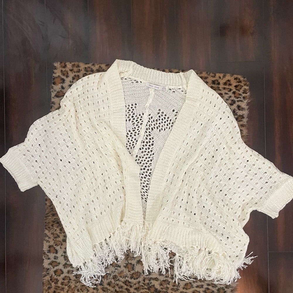 Bishop + Young White Fringe Hem Open Knit Open Front Cardigan